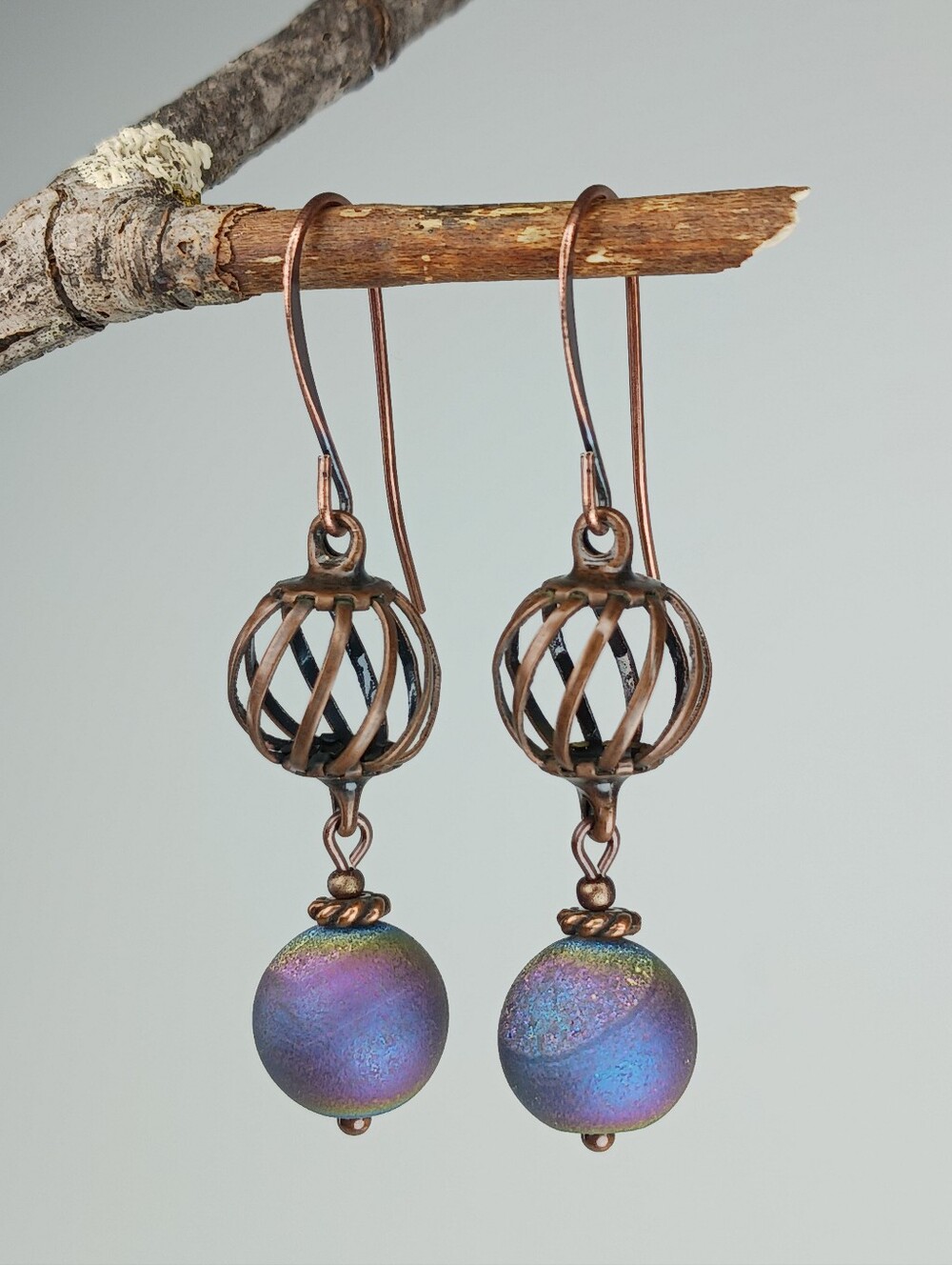 Rainbow Druzy Agate Earrings Copper Moonlit Garden Hand Crafted - Picture 2 of 6